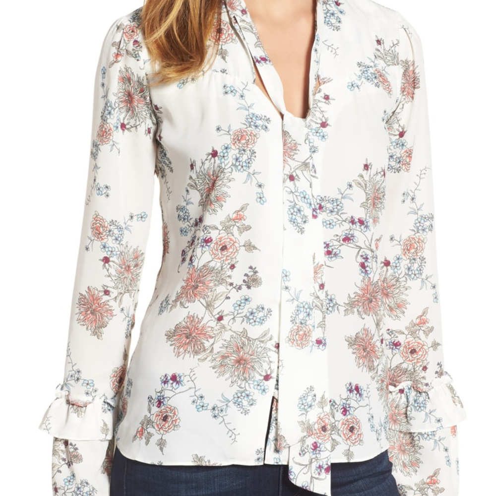Halogen Tie Neck Ruffle Sleeve Blouse floral